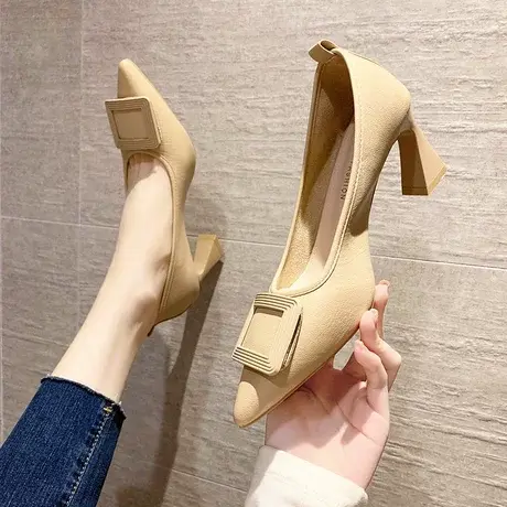 白色粗跟高跟鞋女2023年春秋新款工作女鞋尖头职业鞋子小方跟单鞋图片