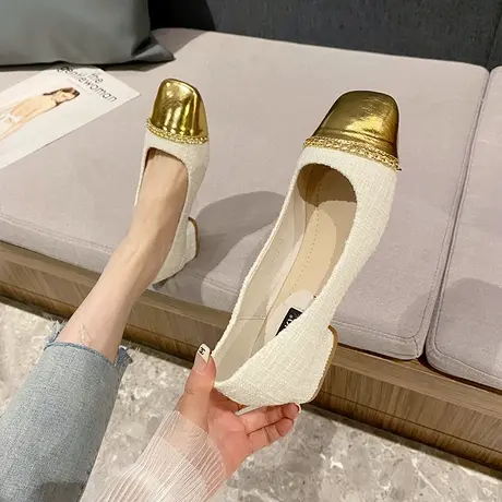 方头粗跟名媛单鞋女2023夏季新款浅口气质单鞋时尚百搭法式职业鞋图片