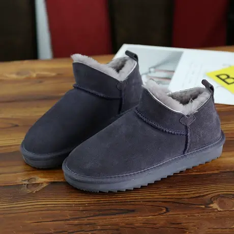 冬季新款韩版真皮毛一体雪地靴女斜口短筒一脚蹬懒人鞋低帮面包鞋图片