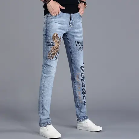 特价男士印花高级牛仔裤男秋款男款潮牌修身小脚2023新款裤子超薄商品大图