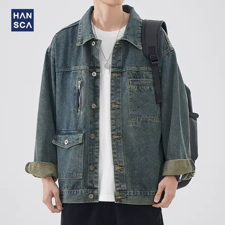 hansca设计感美式牛仔外套男春季新款宽松潮牌复古痞帅休闲夹克男商品大图