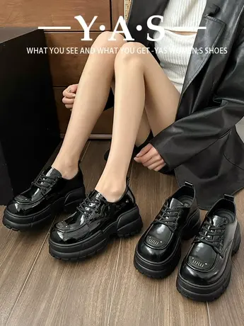 厚底小皮鞋女2024年春季新款黑色英伦风系带增高乐福鞋秋季鞋子女商品大图