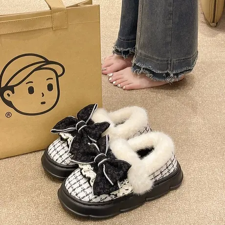 可爱蝴蝶结棉拖鞋女款冬季外穿防滑厚底加绒保暖室内包跟月子棉鞋商品大图