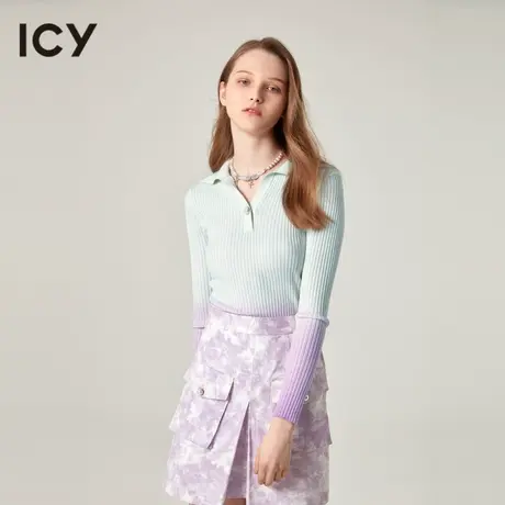 icy复古POLO领女针织衫优雅甜美渐变色修身长袖上衣图片