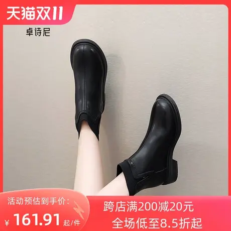 卓诗尼2023秋冬新款粗跟时装靴潮流英伦风短筒靴时尚后拉链女鞋子图片