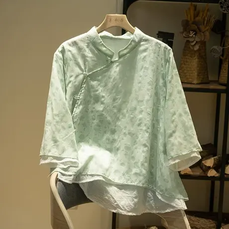 享永子七分袖棉麻茶服女夏文艺复古气质减龄上衣国风宽松2023新款图片