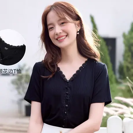 茵曼2023夏女装新款V领花边纽扣短袖T恤图片