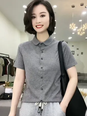 2023夏季新款简约纯色百搭上衣气质外穿polo领短袖T恤遮肉显瘦潮商品大图