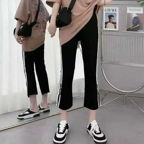 微喇叭裤子女春秋新款高腰垂感小个子开叉衩运动八分侧条纹休闲裤商品大图