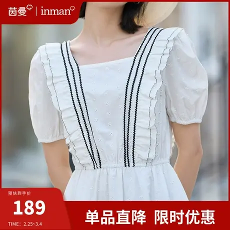 茵曼法式方领连衣裙女2024年夏季新款设计感纯棉泡泡袖裙子中长裙商品大图