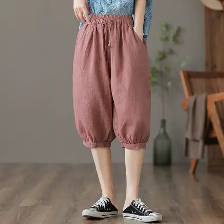 dza 高腰显瘦抽绳亚麻中裤女夏薄款休闲五分裤宽松阔腿裤棉麻短裤图片