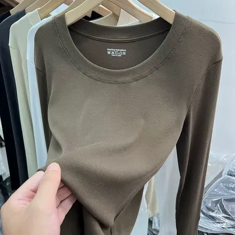 欧货纯色百搭螺纹圆领长袖T恤女2023早秋新款紧身内搭打底衫上衣图片