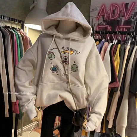 卫衣女秋冬2020新款韩版ins潮刺绣百搭宽松加绒加厚连帽保暖外套商品大图