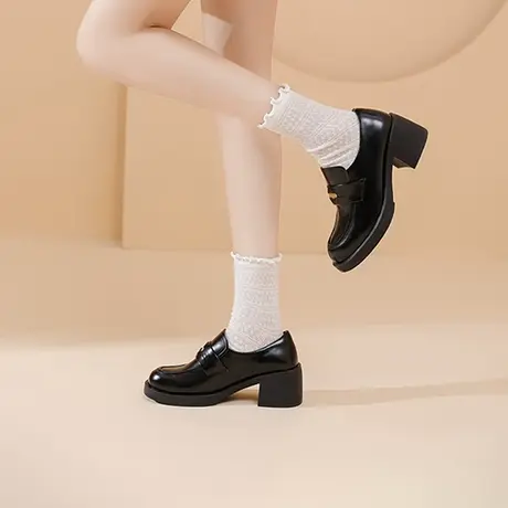 达芙妮厚底乐福鞋女2025春季新款一脚蹬金币小皮鞋百搭增高单鞋女图片