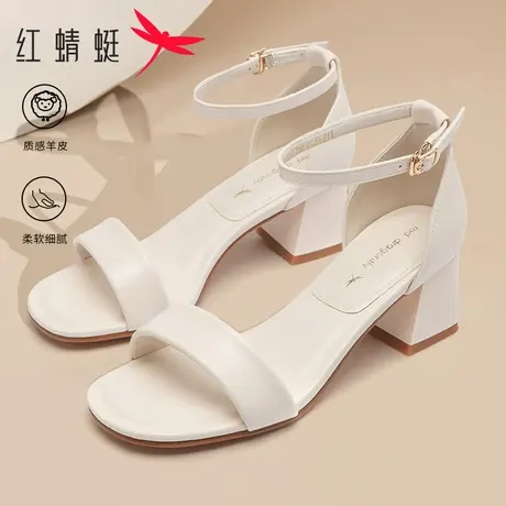 红蜻蜓凉鞋女夏季新款一字带法式时装高跟鞋仙女风小羊皮粗跟女鞋图片