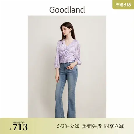 【真丝系列】Goodland美地春季法式优雅印花桑蚕丝衬衫商品大图
