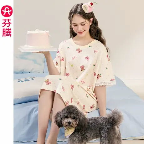 芬腾睡裙女夏季纯棉短袖睡衣中裙薄款透气可爱甜美少女休闲家居服图片