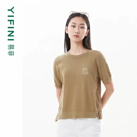 [专柜同款]Yifini/易菲高捻棉拼接短款短袖针织衫女夏装新款商品大图