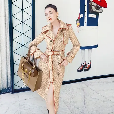 VJE冬季气质翻领棉服外套新款双排扣修身显瘦中长款棉袄大衣图片