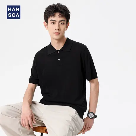 hansca天丝亚麻POLO衫男2025夏季纯色翻领莱赛尔轻薄透气黑色上衣商品大图