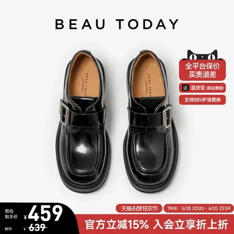 BeauToday黑色英伦风小皮鞋方头扣带乐福鞋厚底真皮女鞋夏季新款图片