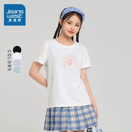 DE真维斯女2023夏季新款黑色纯棉针织上衣休闲时尚圆领短袖上衣商品大图