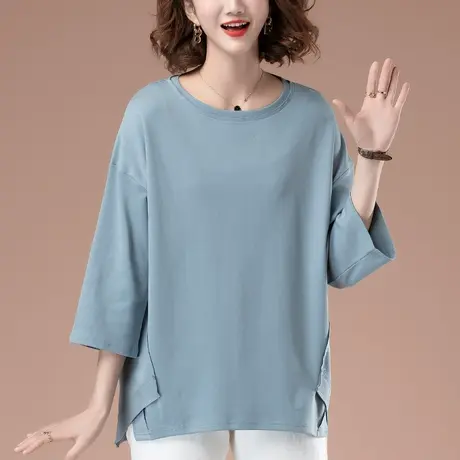 纯棉七分袖t恤女春秋加肥加大码女装宽松显瘦纯色休闲中袖打底衫商品大图
