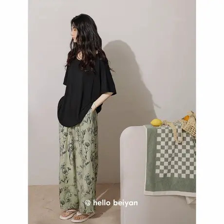 贝妍睡衣女夏季薄款圆领套头短袖长裤套装凉感莫代尔棉大码家居服商品大图