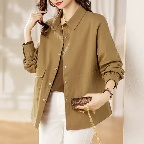 外套女春秋薄款大码女装宽松中年妈妈二八月纯棉休闲翻领开衫上衣商品大图