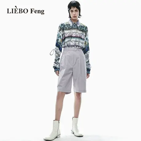 裂帛LIEBOFeng商场同款2023年夏设计师紫色简约直筒百慕大短裤女图片