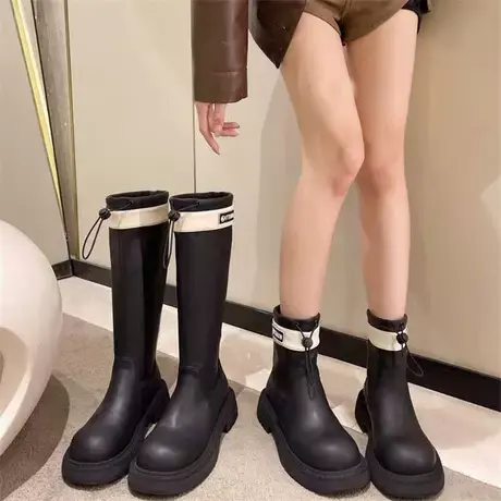 永希靴子女2023新款春秋黑色粗跟洋气高筒靴爆款显瘦圆头长筒靴潮商品大图