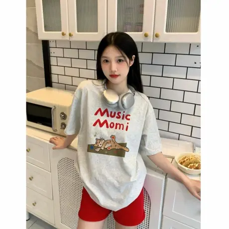 小猫咪灰色短袖女t恤夏季新款宽松纯棉落肩设计感小众上衣慵懒风商品大图