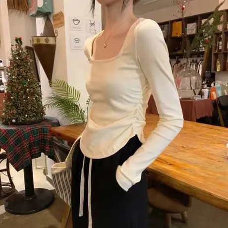 方领正肩内搭打底衫女早秋韩版修身显瘦短款小个子纯色长袖T恤潮图片