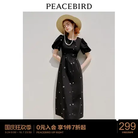 太平鸟绣花长款连衣裙绣花泡泡袖收腰显瘦a字裙夏季女士小黑裙图片