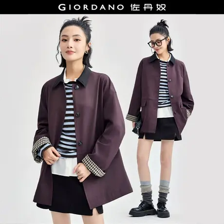 佐丹奴外套女装拼接翻领格子袖口梭织风衣外套 18374906图片