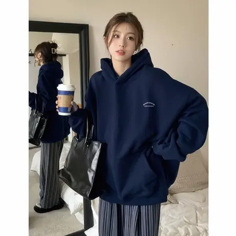 藏蓝色连帽卫衣女秋冬季加绒加厚慵懒风2025新款爆款早春薄款上衣商品大图