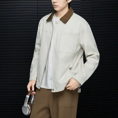 唐狮2026秋冬季外套男斜纹拼接撞色翻领休闲风宽松夹克简约风图片