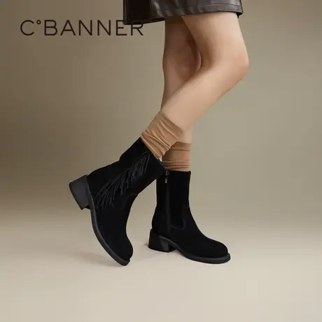 千百度羊皮西部牛仔靴粗高跟弹力袜靴女款冬季保暖增高显瘦短靴子图片