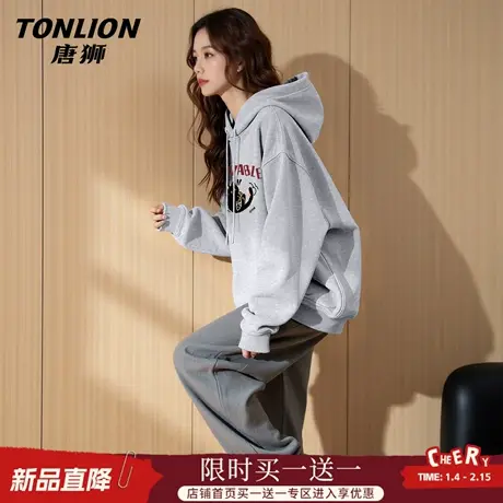 唐狮官方休闲连帽卫衣女2026春秋新款女士灰色宽松百搭外套上衣VB图片