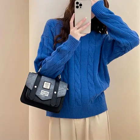 秋冬季毛衣女绞花设计圆领套头蓝色复古简约风休闲百搭TUTA图片