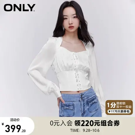 ONLY奥莱2023春夏新款舒适轻薄满印长袖方领系带雪纺衫女商品大图