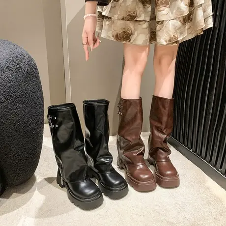 长筒靴女2023年春秋季新款复古英伦风显瘦西部牛仔靴粗跟堆堆短靴图片