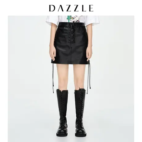 DAZZLE地素奥莱 春季款黑色仿皮A字系带半身裙短裙女2D1S2301A图片