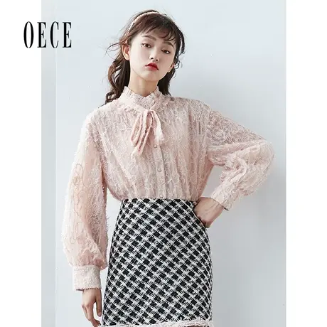 Oece秋装新款女装法式流苏复古甜美立领系带气质上衣春秋长袖衬衫图片