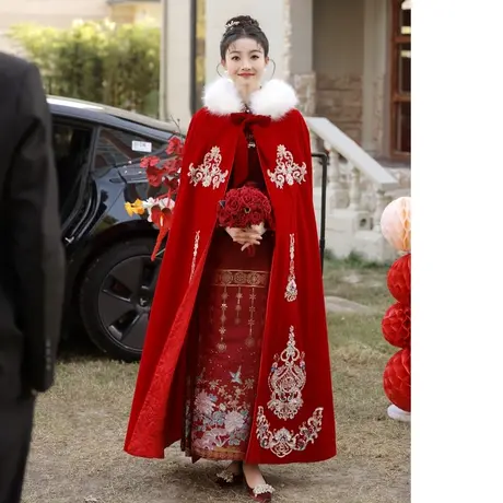 敬酒服2023新款新娘秀禾服古风红色披肩披风斗篷外搭冬季保暖汉服图片