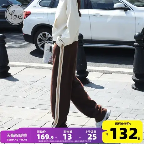 yoe休闲裤女直筒宽松棕色美式复古运动裤阔腿设计感裤子拼接织带图片