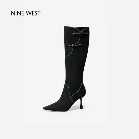 Nine West/玖熙长筒靴女2023年冬季新款羊反绒旗袍扣复古优雅靴子图片