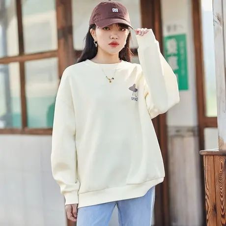 唐狮秋季圆领女卫衣白色新款宽松休闲设计感小众上衣外套潮商品大图