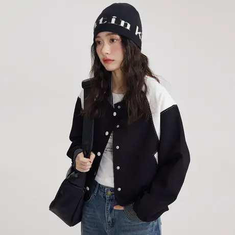 尔给拼色vintage美式棒球服夹克女2023年新款秋季小个子百搭外套图片