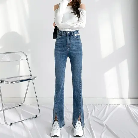 断码清仓开叉牛仔裤女直筒宽松显瘦春秋高腰分叉阔腿微喇叭裤子潮商品大图